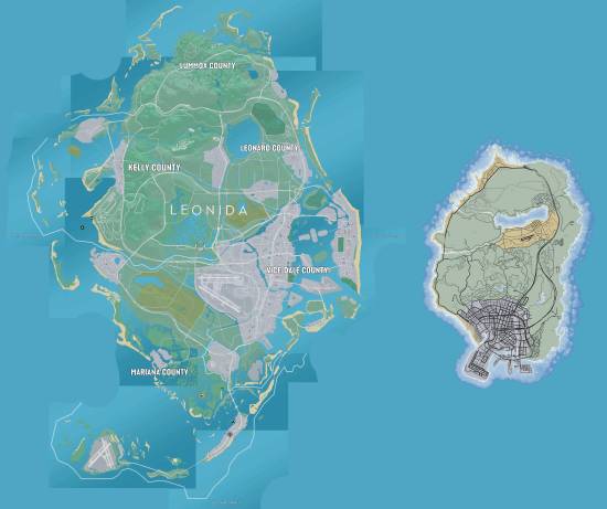 《GTA6》泄露地图对比《三男一狗》：目测两倍大
