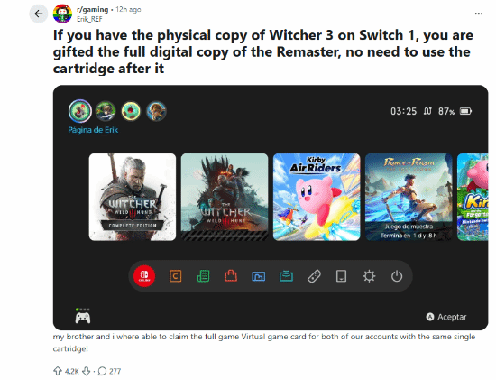 借一张Switch 1《巫师3》卡带，就能在Switch 2上免费领重制版