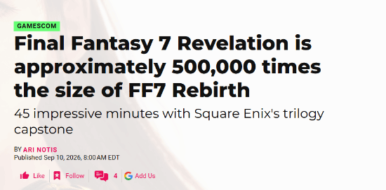 外媒《最终幻想7 启示》试玩前瞻：开放世界规模号称前作50万倍，小游戏全面加码