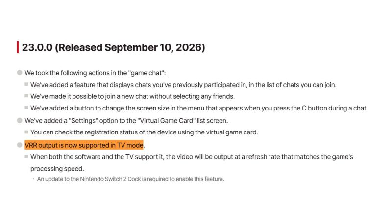 任天堂为Switch 2底座模式添加VRR支持