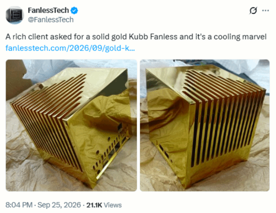 花1195万元买纯金电脑值吗？Kubb称散热比铝快30%至50%