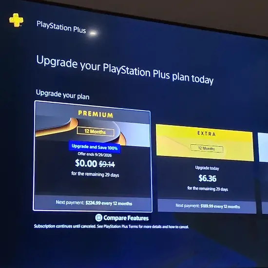PS Plus 玩家剩余29天订阅可0美元升三档，到期续费224.99美元