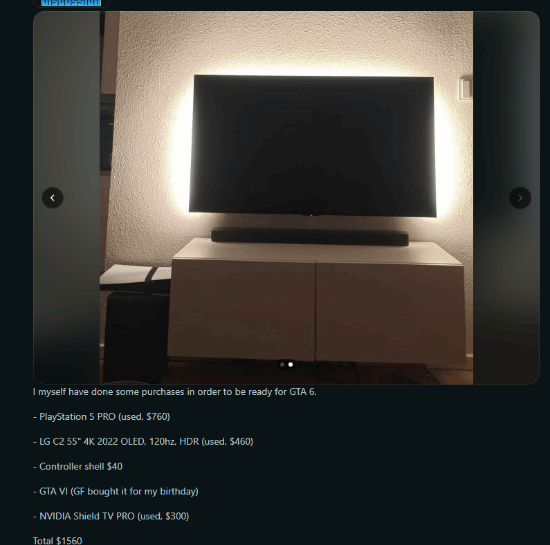 玩家为迎接GTA6花费1560美元购置二手PS5 Pro与OLED电视引热议