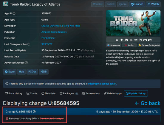 《古墓丽影：亚特兰蒂斯遗迹》Steam页面移除Denuvo，距2027年2月发售约4个月