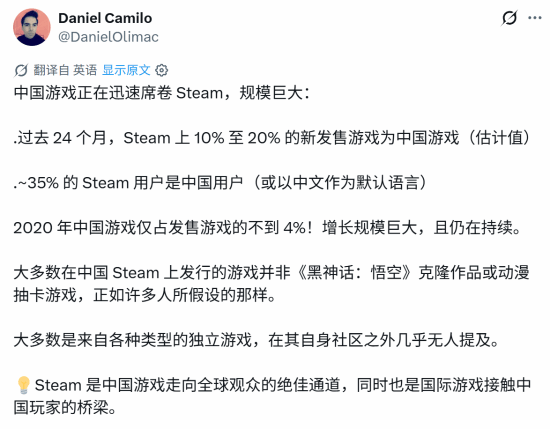 外媒记者估算：过去24个月Steam新游10%至20%来自中国